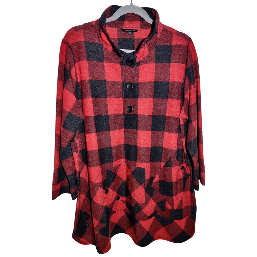 JOHN MARK Red Black Buffalo Plaid Tunic‎ Button Front Collar Women 1X